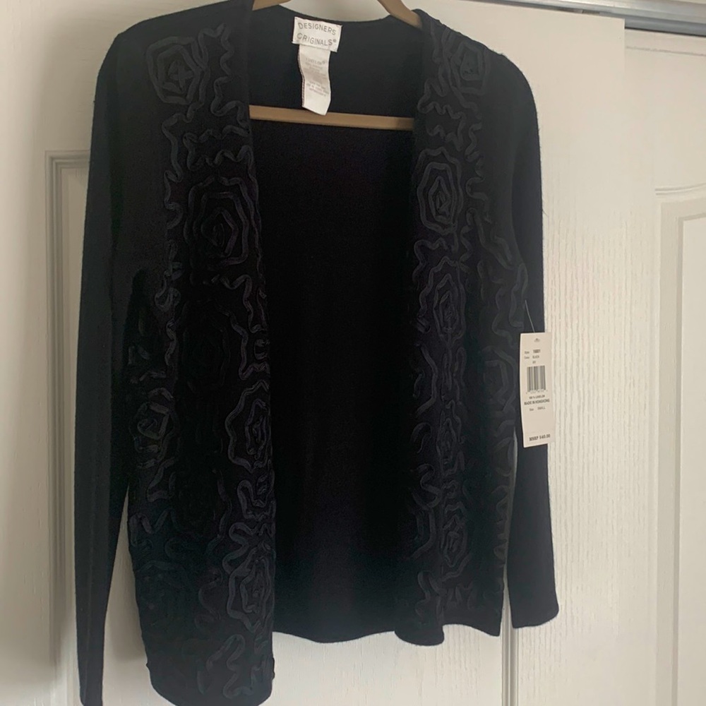 Designer, originals, black cardigan, size small, new with tags, ribbon d…
